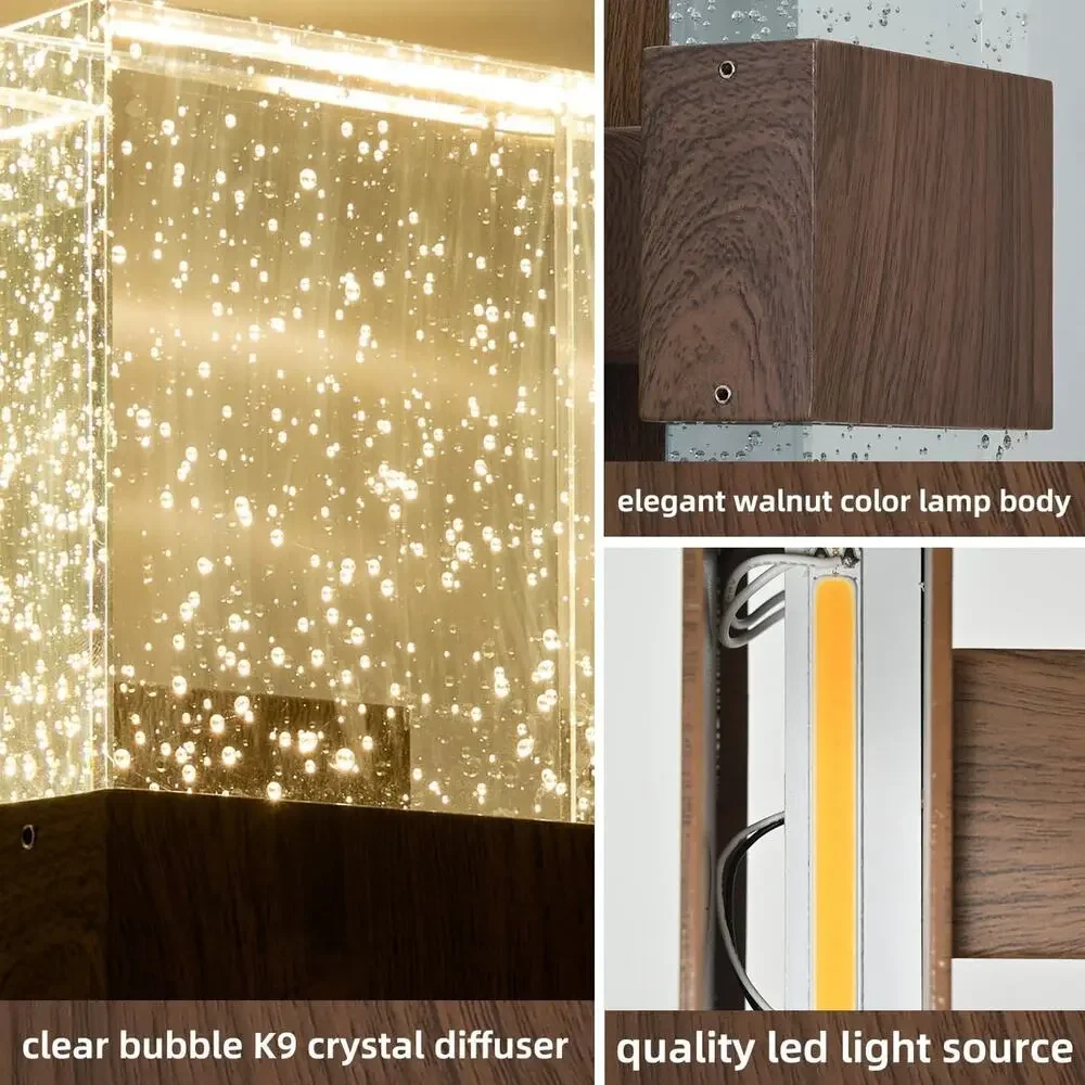 Rustic Walnut LED Bubble Crystal Wall Sconce Farmhouse Wall Light
